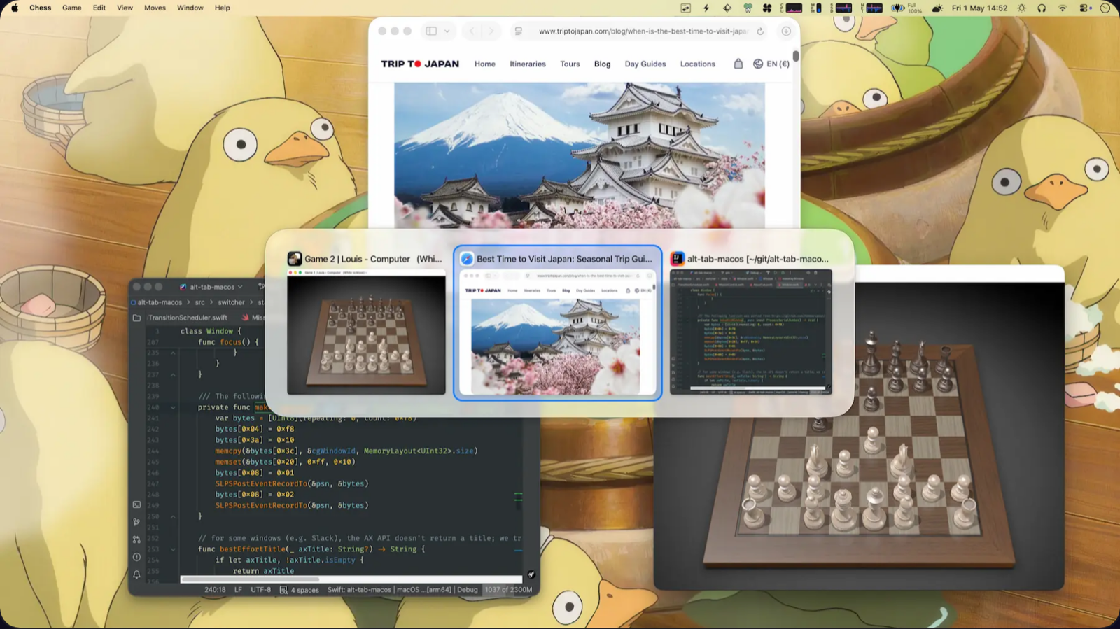 AltTab's window switcher showing thumbnails of open windows on the macOS desktop