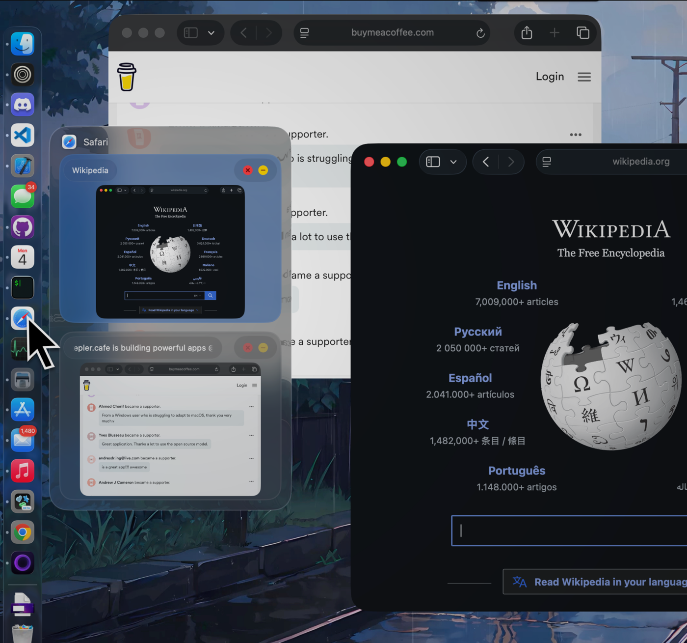 DockDoor showing live window previews floating above the macOS Dock